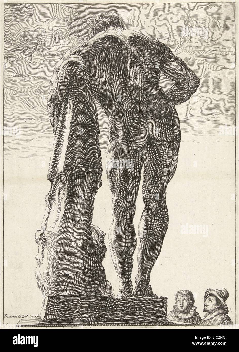 A large statue of Hercules, seen from behind, leaning on his club. Until 1787 this statue stood in the Palazzo Farnese, hence the name Hercules Farnese. Two men can be seen observing the statue, Hercules Farnese Hercules Victor (title on object) Three antique statues in Rome after Goltzius (series title), print maker: Nicolaes de Bruyn, print maker: Nicolaas Braeu, (rejected attribution), Hendrick Goltzius, print maker: Netherlands, print maker: Haarlem, Haarlem, publisher: Amsterdam, after c. 1592 - in or after c. 1605 and/or c. 1645 - c. 1706, paper, engraving, h 258 mm, w 188 mm Stock Photo