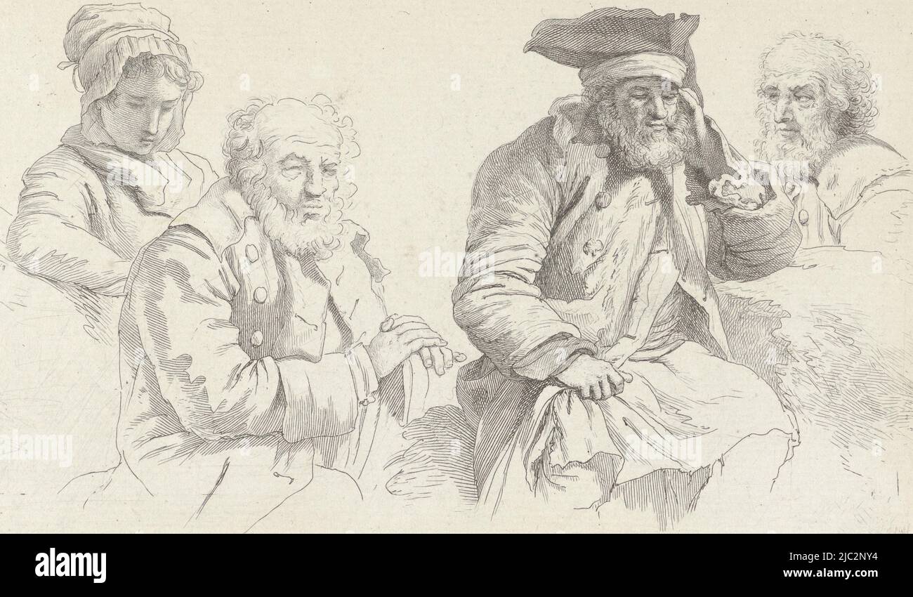 Study sheet with three old men and a young woman Study printwork / Etudes grav, print maker: Jacob Ernst Marcus, Amsterdam, Dec-1807, paper, etching, h 115 mm × w 190 mm Stock Photo