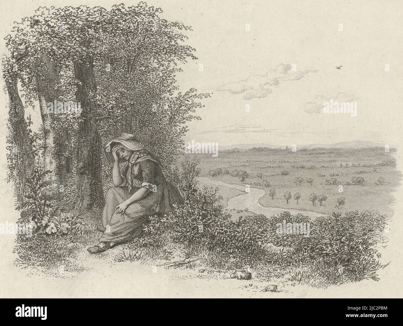 A seated woman with her head resting against her hand in a wide river landscape, Seated woman in a landscape Study printwork / Etudes grav, print maker: Jacob Ernst Marcus, Amsterdam, Nov-1814, paper, etching, h 182 mm × w 243 mm Stock Photo