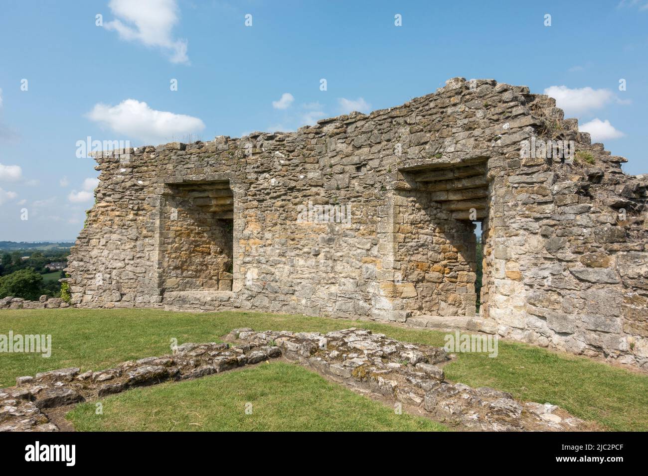 Remaining stonework on top of Kings Tower Keep, Pickering Castle, a motte-and-bailey fortification in Pickering, North Yorkshire, England. Stock Photo