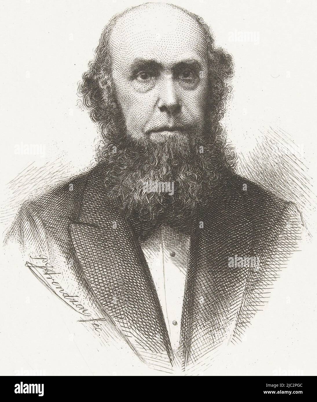 Bust of Frederik Muller. In the lower margin his signature in facsimile., Portrait of Frederik Muller, print maker: Petrus Johannes Arendzen, (mentioned on object), Netherlands, c. 1879 - in or before 1881, paper, etching, engraving Stock Photo