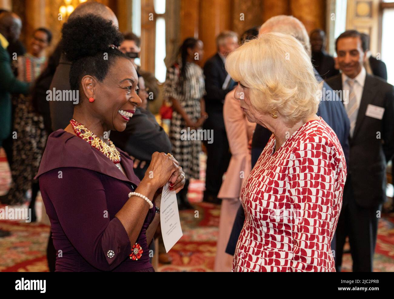 Britain's Camilla, Duchess of Cornwall, speaks with actress, author and politician Floella Benjamin, while she attends a reception celebrating the Commonwealth Diaspora of the United Kingdom, in London, Britain, June 9, 2022. Dominic Lipinski/PA Wire/Pool via REUTERS Stock Photo