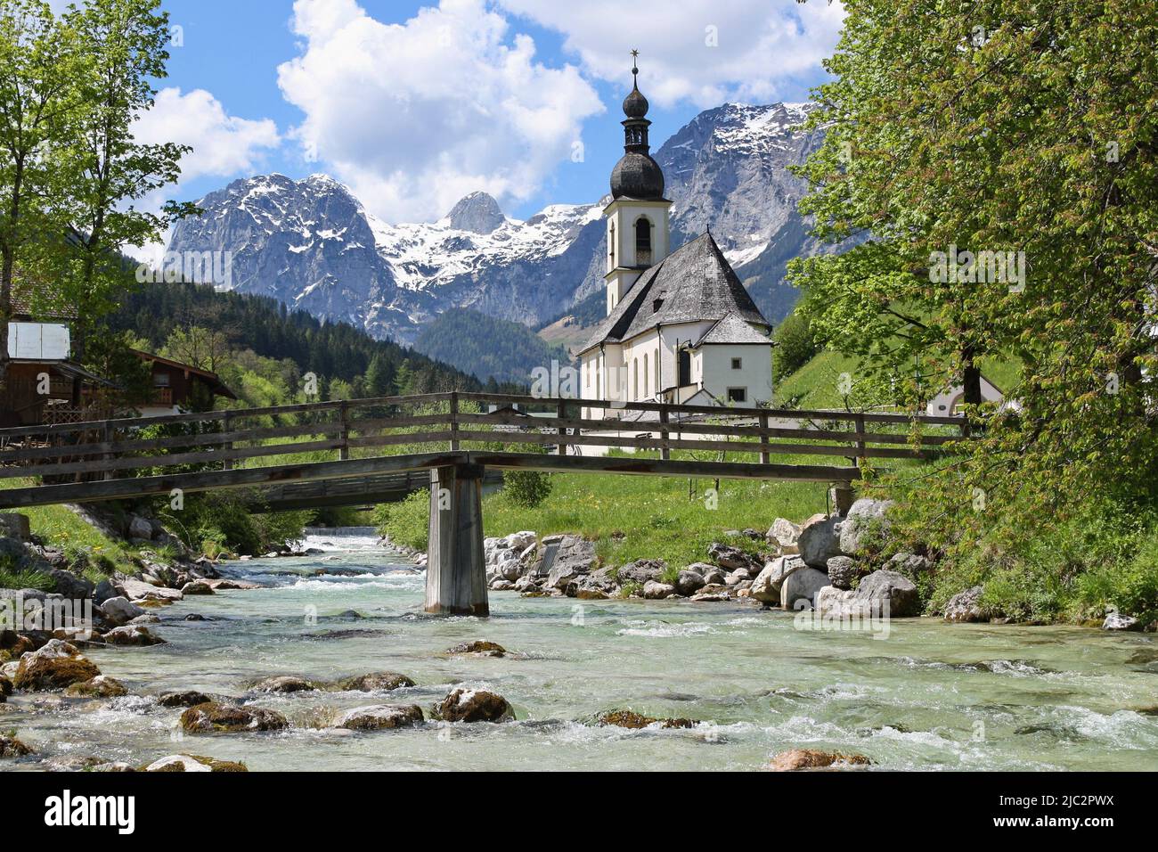 Church St. Sebatian in Ramsau Bavaria, Germany on a sunny spring day Stock Photo