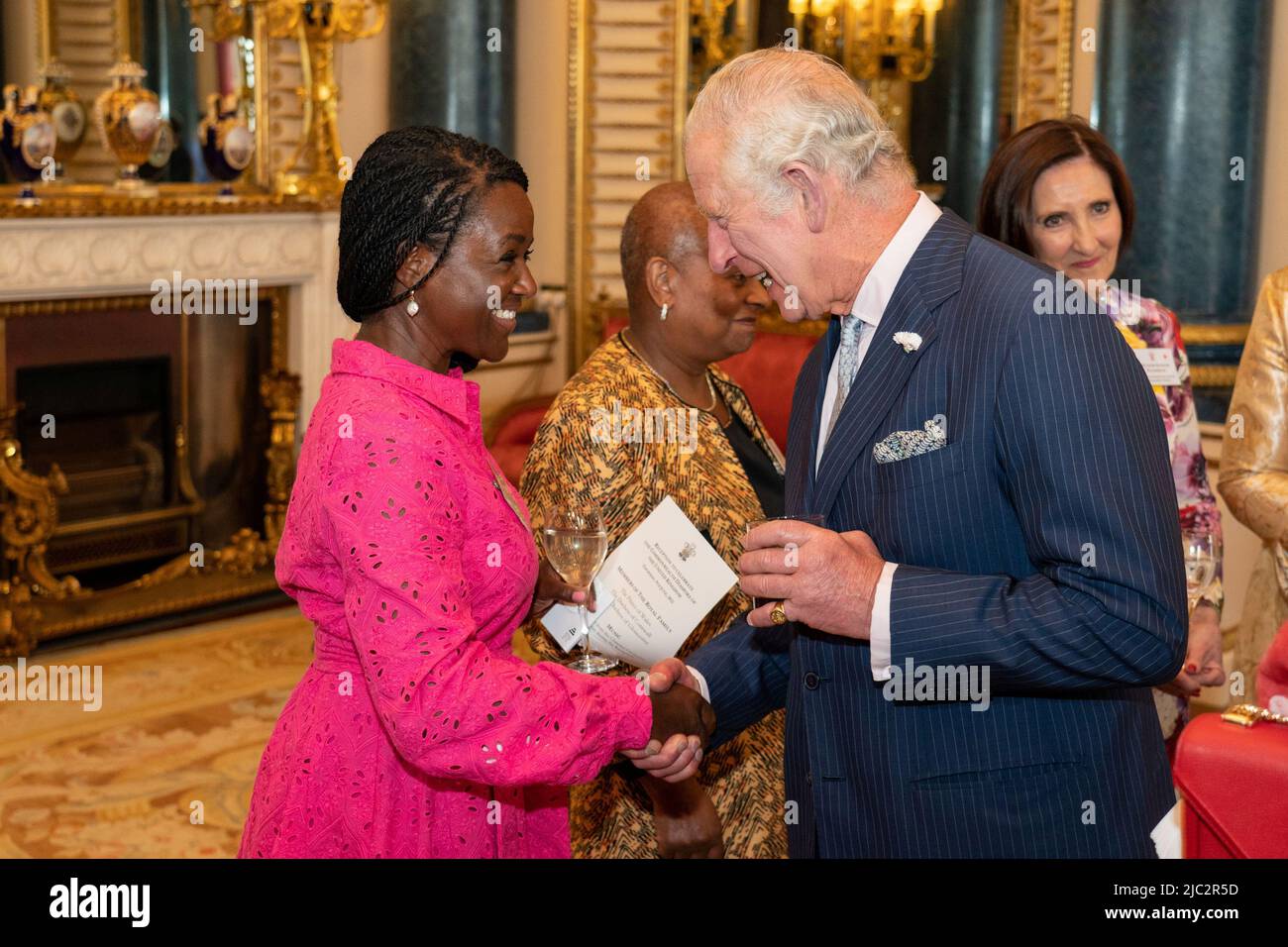 Britain's Prince Charles speaks with TV presenter Diane Louise Jordan, while he attends a reception celebrating the Commonwealth Diaspora of the United Kingdom, in London, Britain, June 9, 2022. Dominic Lipinski/PA Wire/Pool via REUTERS Stock Photo