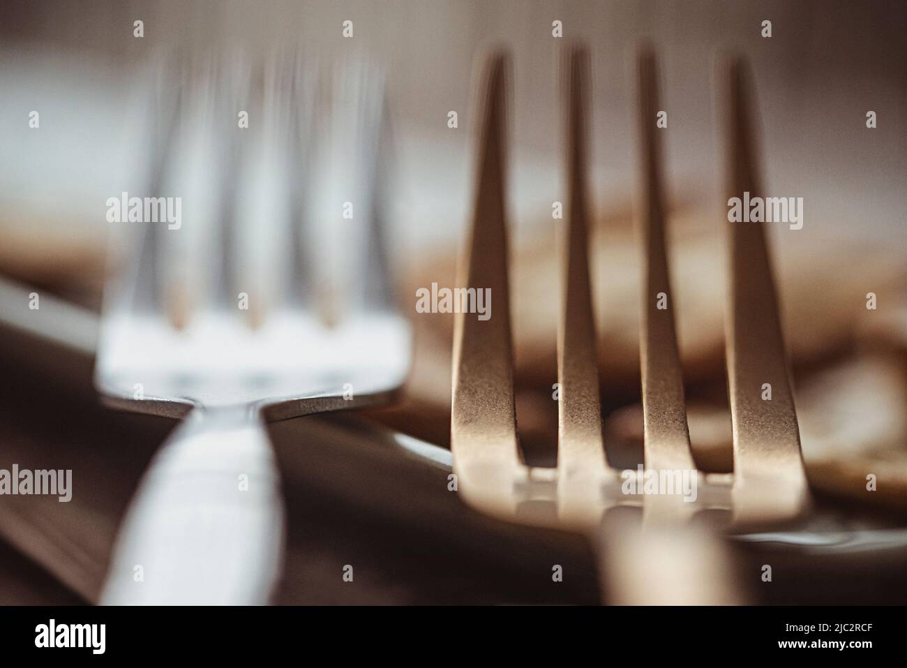 Close-up of two forks leaning on the edge of a plate Stock Photo