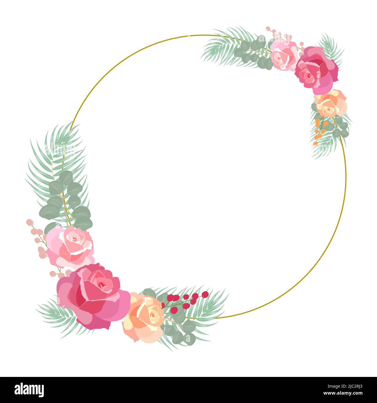 Flower frame with roses and eucalyptus leaves, isolated on white