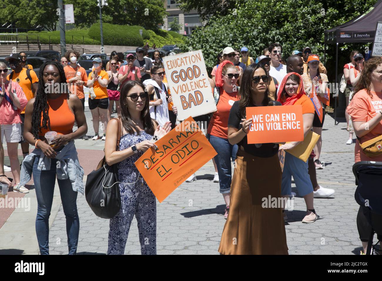 Moms Demand Action  NYC commemorate Wear Orange with its Annual rally & Walk for gun law reform  in Solidarity with Survivors from gun violence from Foley Square in lower Manhattan across the Brooklyn Bridge. Stock Photo