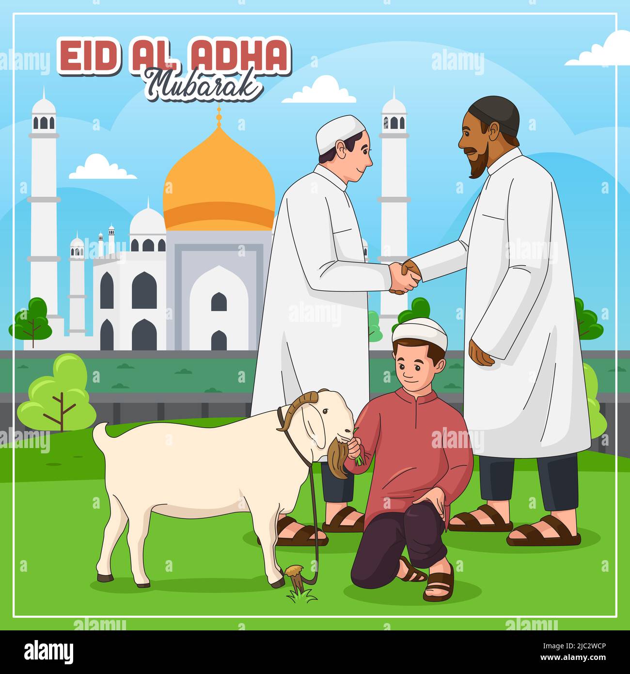 A vector illustration of Muslim Celebrating Eid Al Adha Mubarak Stock Vector
