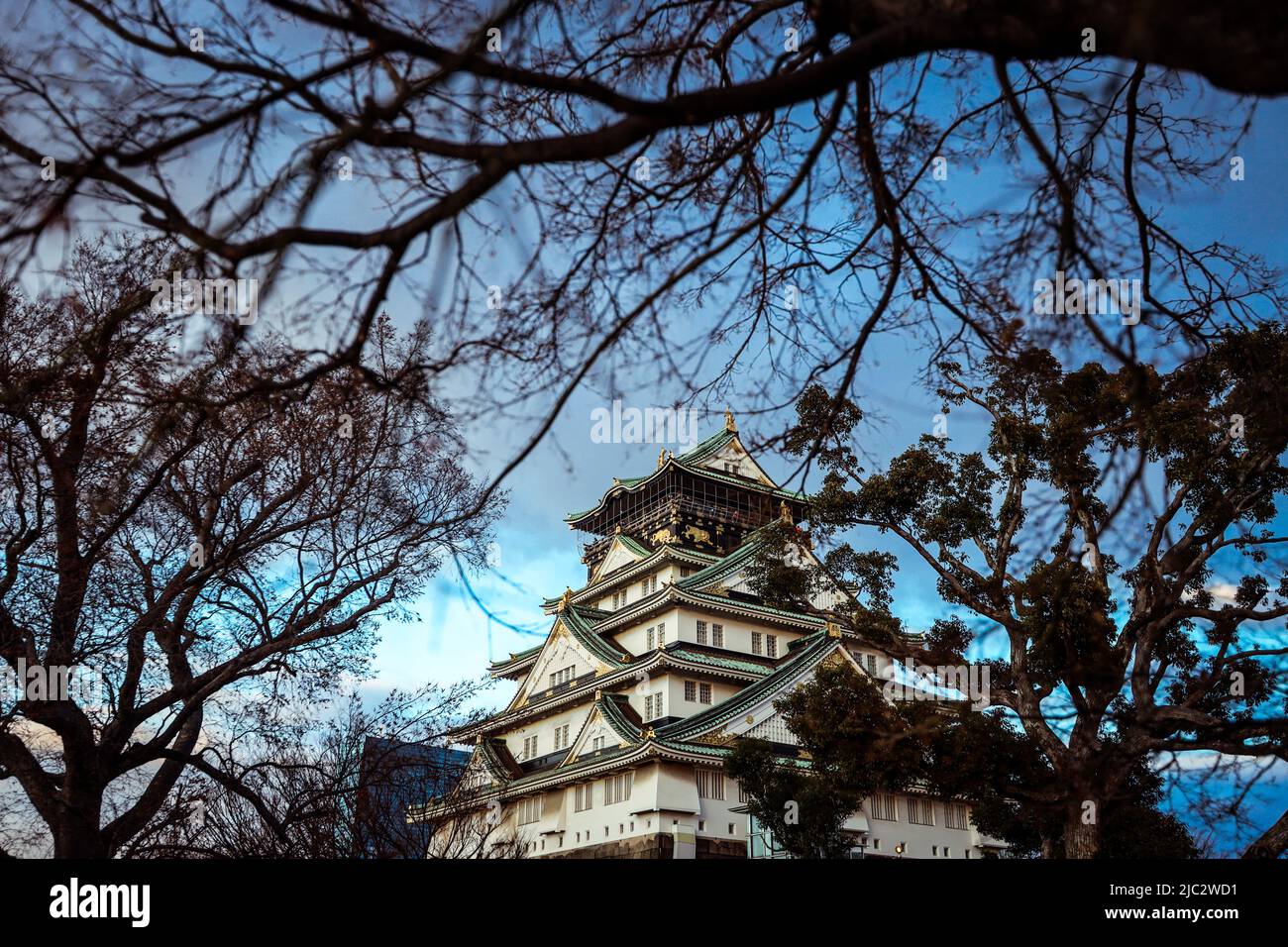 View to the Sunset Japanese Osaka Castle under Blue Sky and Trees Stock Photo