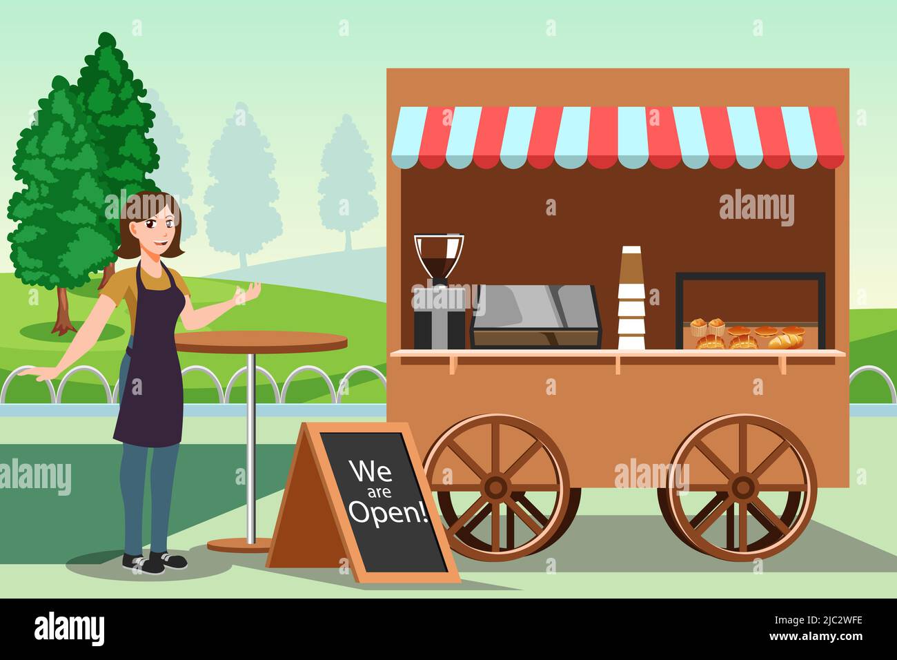 A vector illustration of Small Business Owner Bakery Shop Food Stall Stock Vector