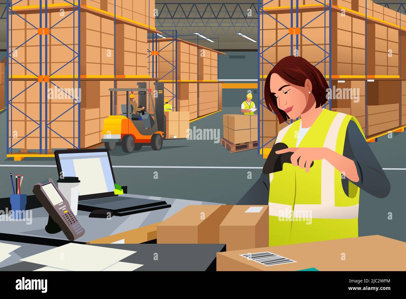 A vector illustration of Warehouse Worker Scanning a Box Stock Vector
