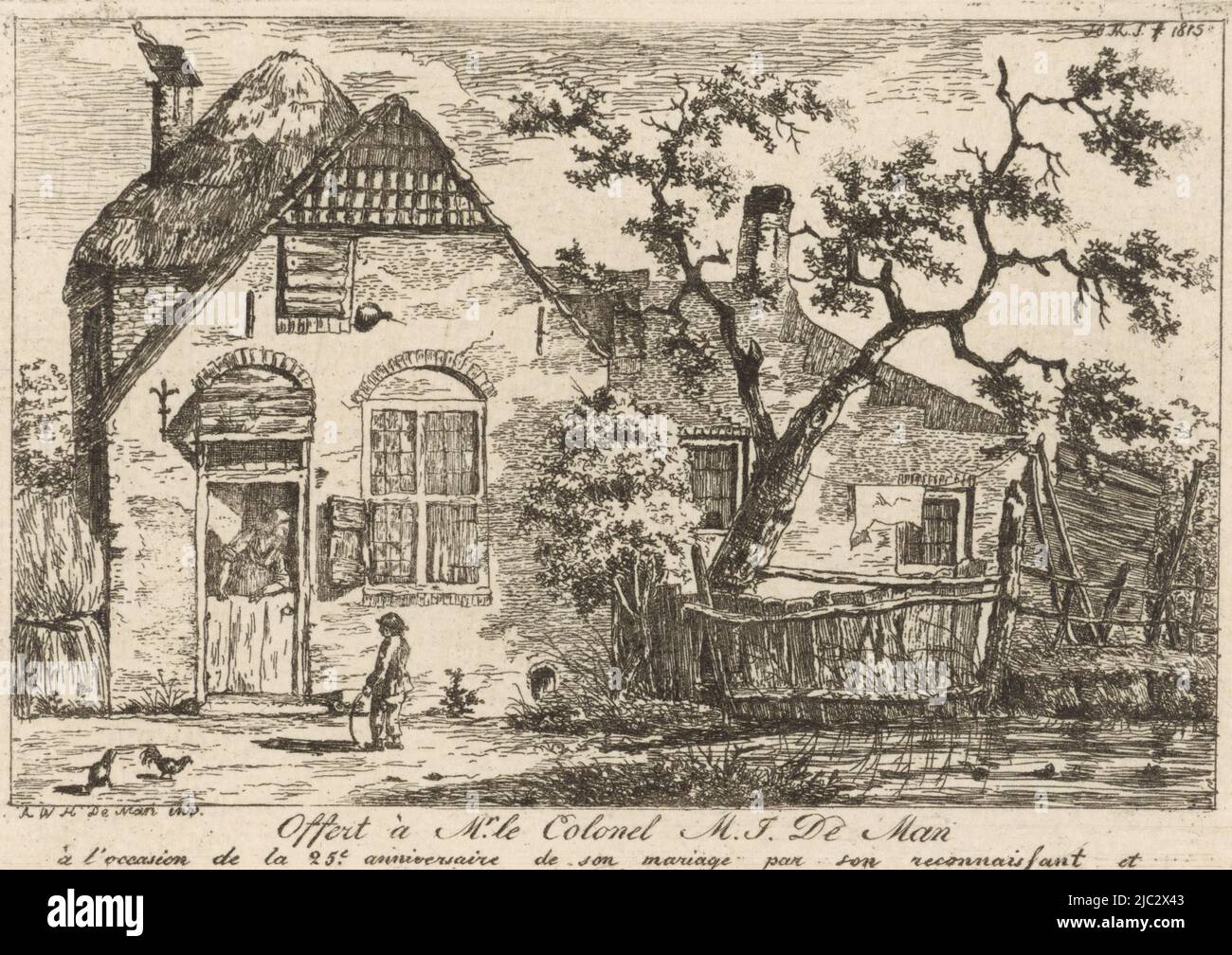 A boy holding a hoop stands near a farmhouse. A woman looks out through the door. On a clothesline hangs laundry to dry. Below the print a dedication in French, Boy with hoop near a farm., print maker: Hendrik Marcus Schouten, M.F. de Mari, (mentioned on object), Hendrik Marcus Schouten, (mentioned on object), 1815, paper, etching, h 97 mm × w 139 mm Stock Photo