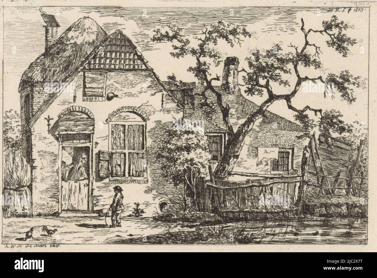 A boy with a hoop in his hand stands near a farmhouse. A woman looks out through the door. Laundry is hanging to dry on a clothesline., Boy with hoop near a farmhouse, print maker: Hendrik Marcus Schouten, (mentioned on object), intermediary draughtsman: A.W.H. de Mari, (mentioned on object), 1815, paper, etching, h 97 mm × w 139 mm Stock Photo