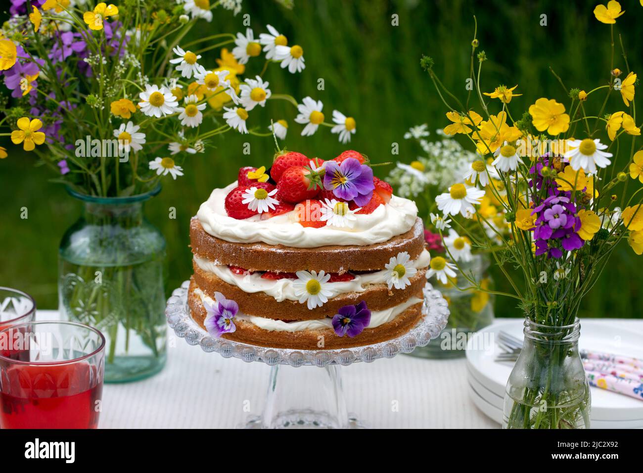Scandinavian midsummer strawberry and cream cake Stock Photo