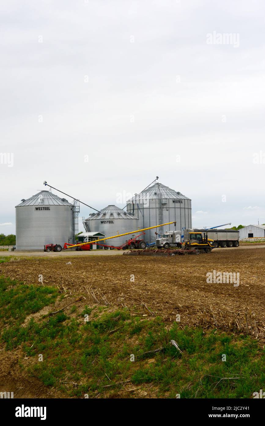 A vertical image of Westeel corrugated galvanized steel grain storage