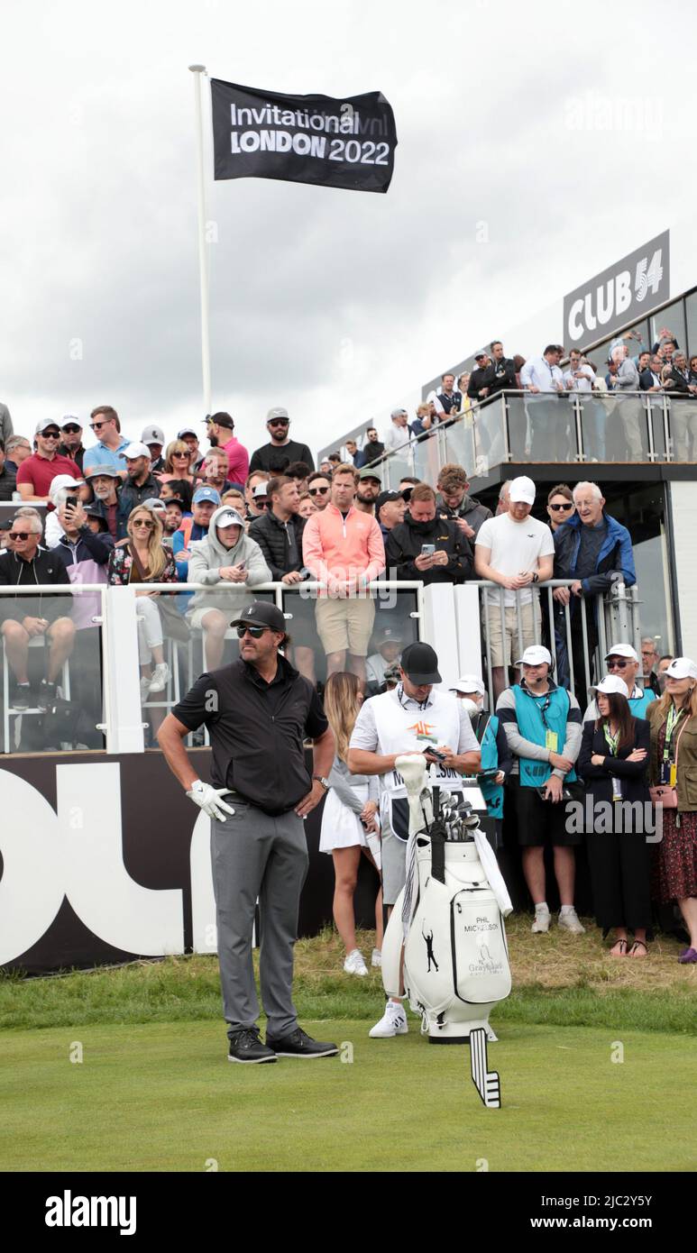 London, UK. 09th June, 2022. American Phil Mickelson waits to tee off the 1st hole on the 1st round of the inaugural LIV Golf event at the Centurion club in Hertfordshire on Thurssday, June 09, 2022.The event is 12 teams of four players competing over 54 holes for a prize pot of $25million dollars to the winning team. Photo by Hugo Philpott/UPI Credit: UPI/Alamy Live News Stock Photo