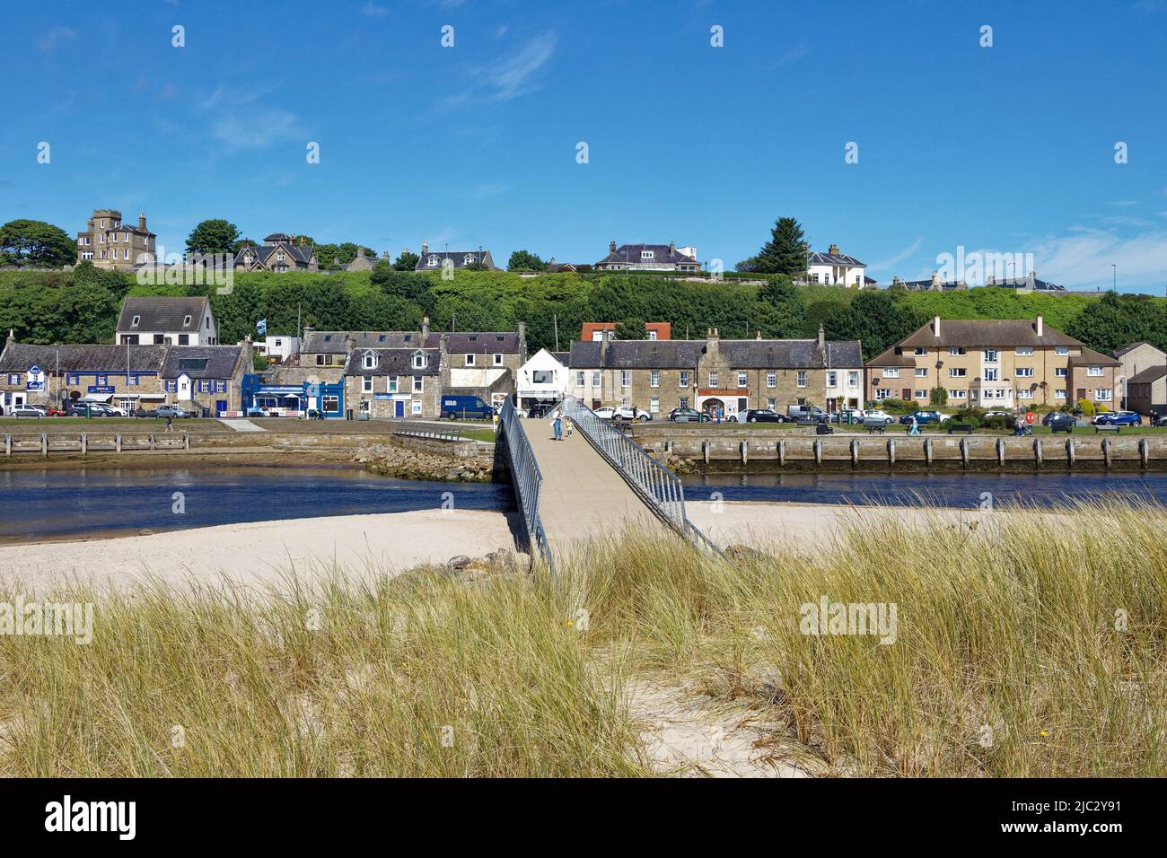 LOSSIEMOUTH MORAY SCOTLAND THE NEW BRIDGE OVER THE RIVER LOSSIE FROM