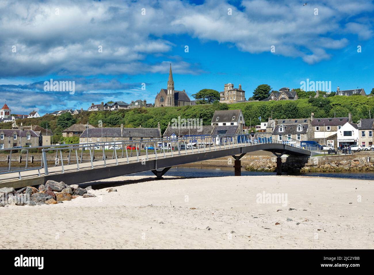 LOSSIEMOUTH MORAY SCOTLAND THE NEW BRIDGE OVER THE RIVER LOSSIE FROM