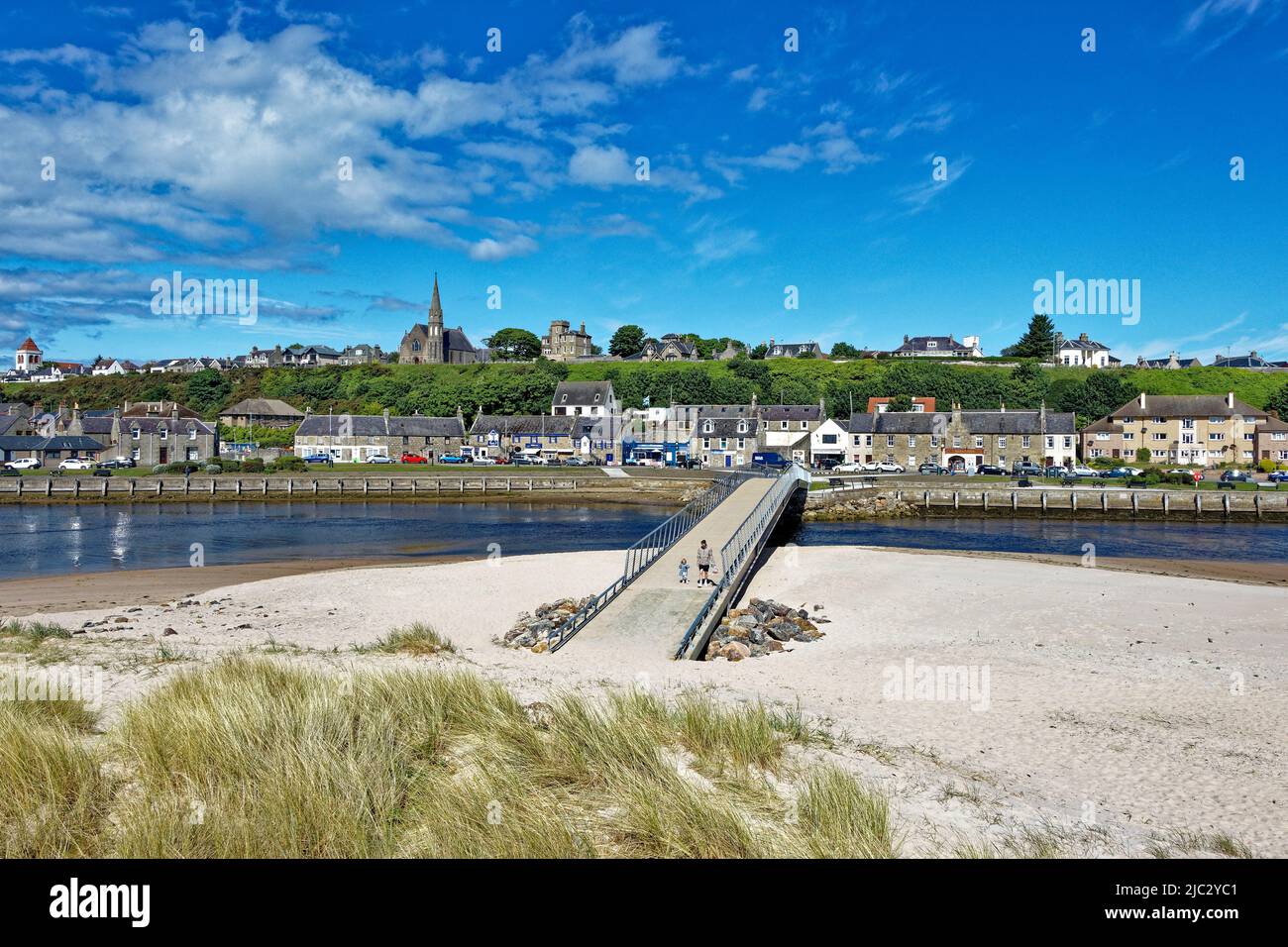 LOSSIEMOUTH MORAY SCOTLAND THE NEW BRIDGE OVER THE RIVER LOSSIE FROM