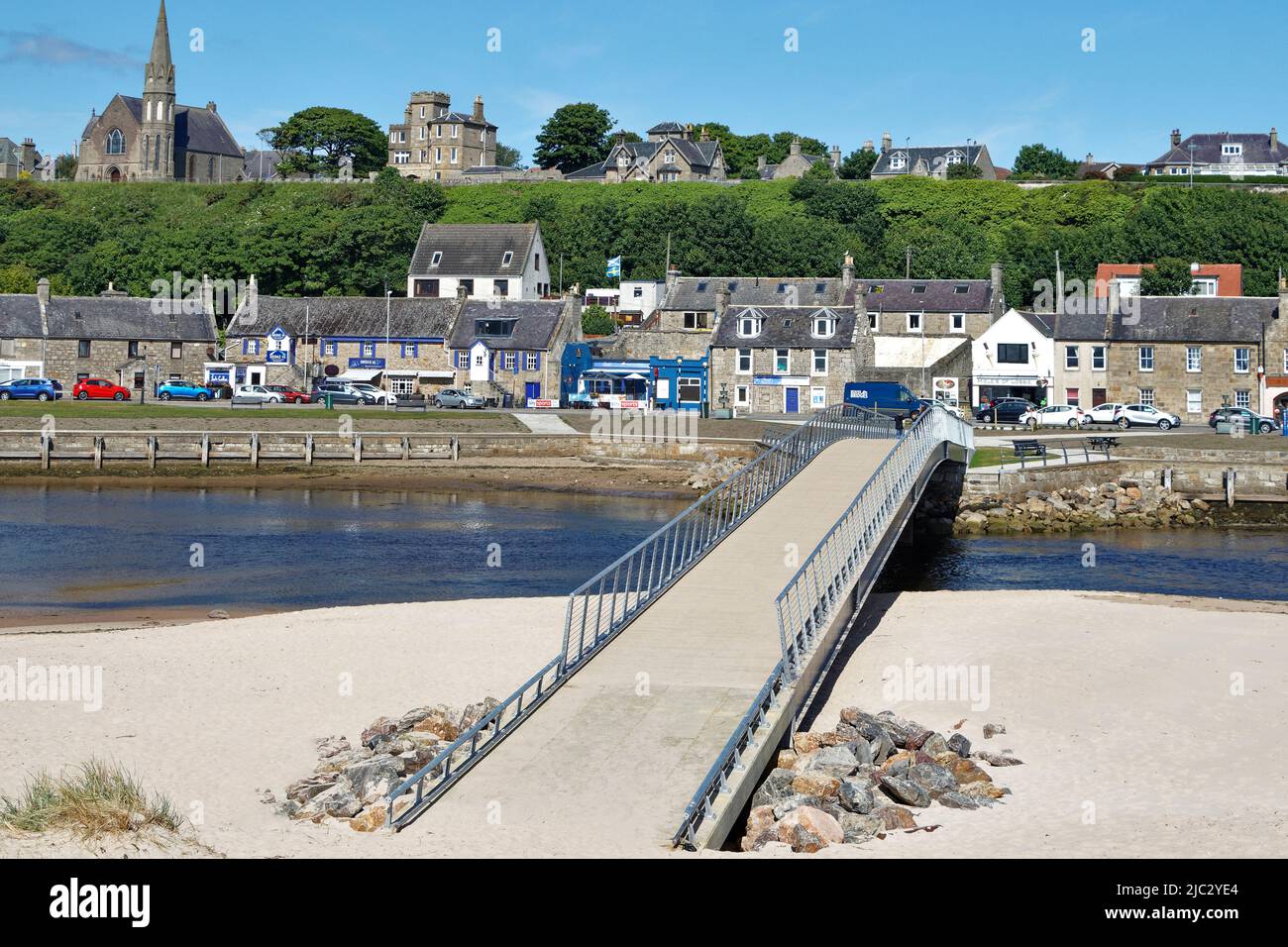 LOSSIEMOUTH MORAY SCOTLAND THE NEW BRIDGE OVER THE RIVER LOSSIE FROM
