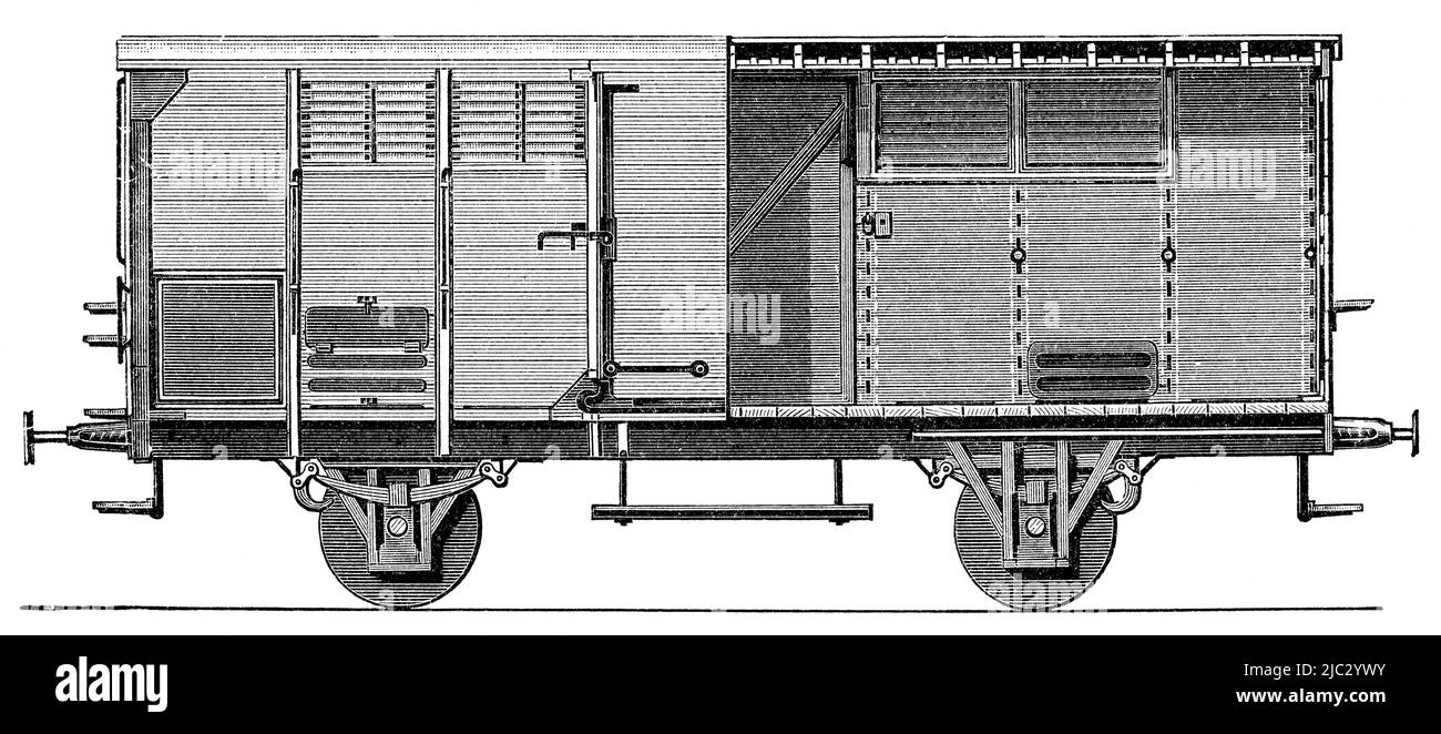 Covered goods wagon. Publication of the book 'Meyers Konversations-Lexikon', Volume 2, Leipzig, Germany, 1910 Stock Photo