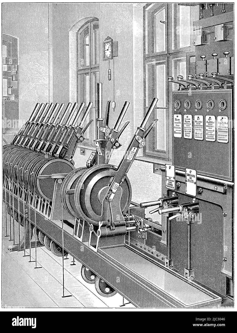Railway equipment - Lever mechanism by Stahmer. Publication of the book 'Meyers Konversations-Lexikon', Volume 2, Leipzig, Germany, 1910 Stock Photo