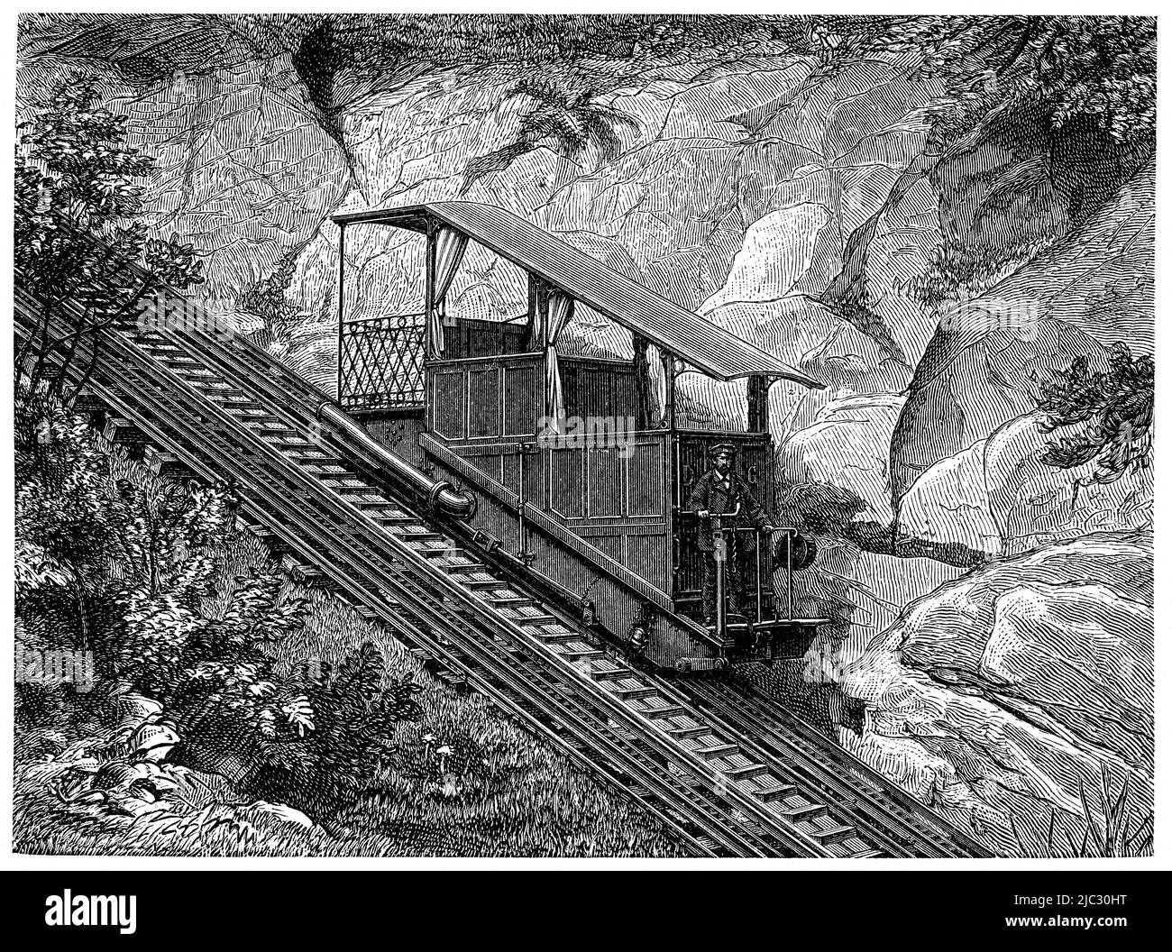 Mountain train (Bergbahn). Water powered cable cars Lucerne-Guetsch.  Publication of the book 'Meyers Konversations-Lexikon', Volume 2, Leipzig, Germany, 1910 Stock Photo