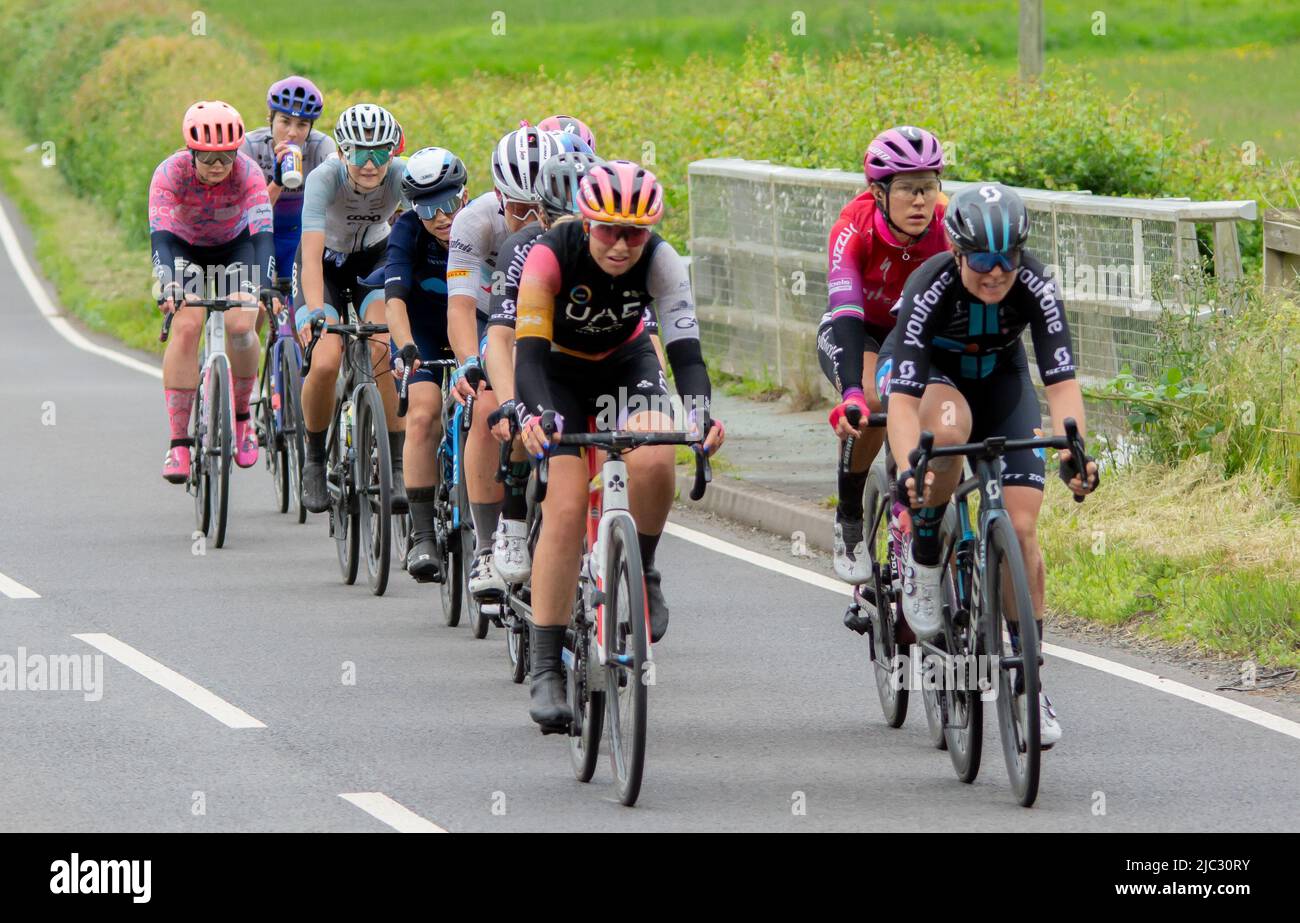 The women’s cycle tour uk 2022, stage 4 between Wrexham and Welshpool Wales. Images caught near to Montgomery Nr Welshpool. Stock Photo