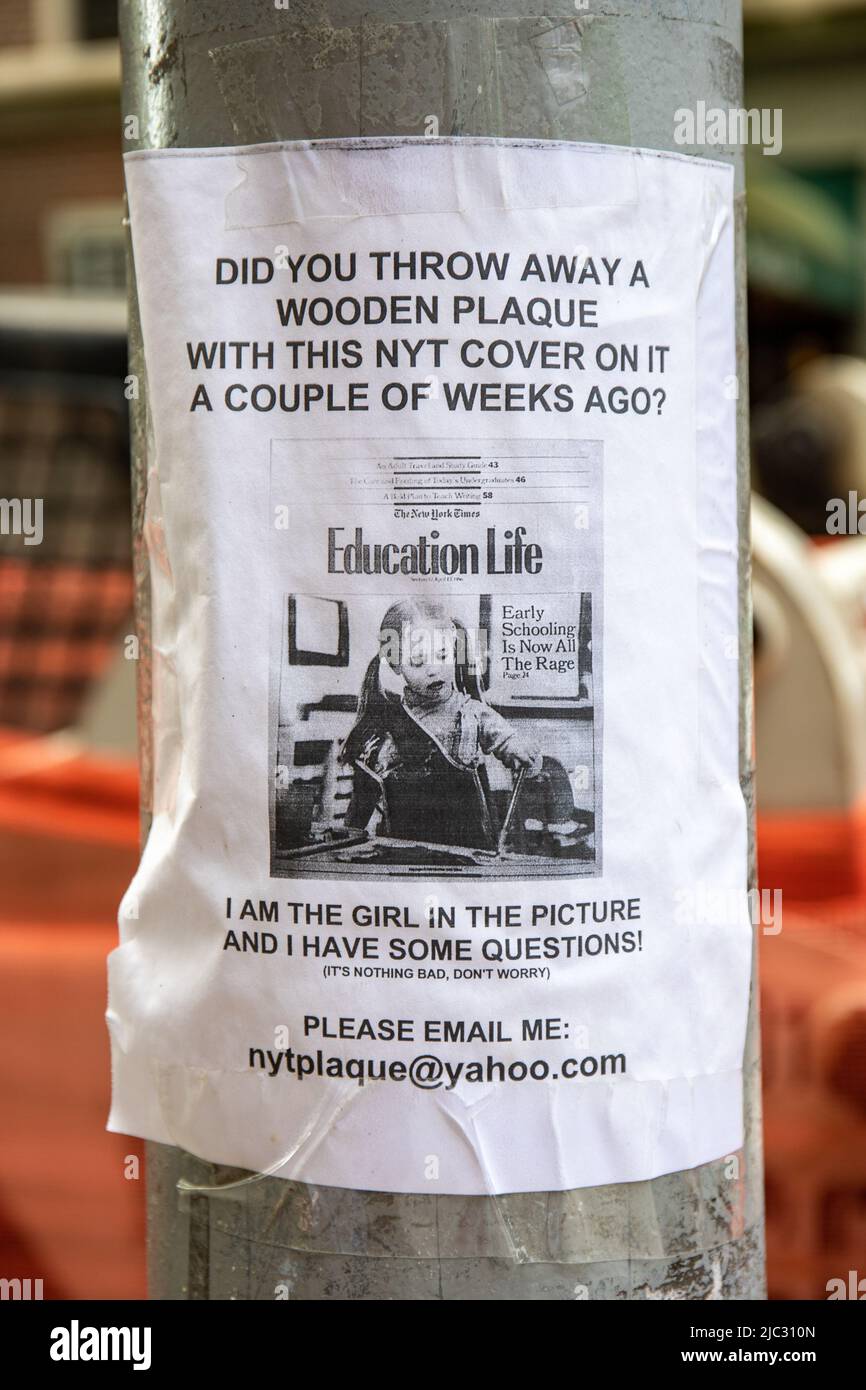 Peculiar poster on a street light pole in Upper West Side of New York City, United States of America Stock Photo