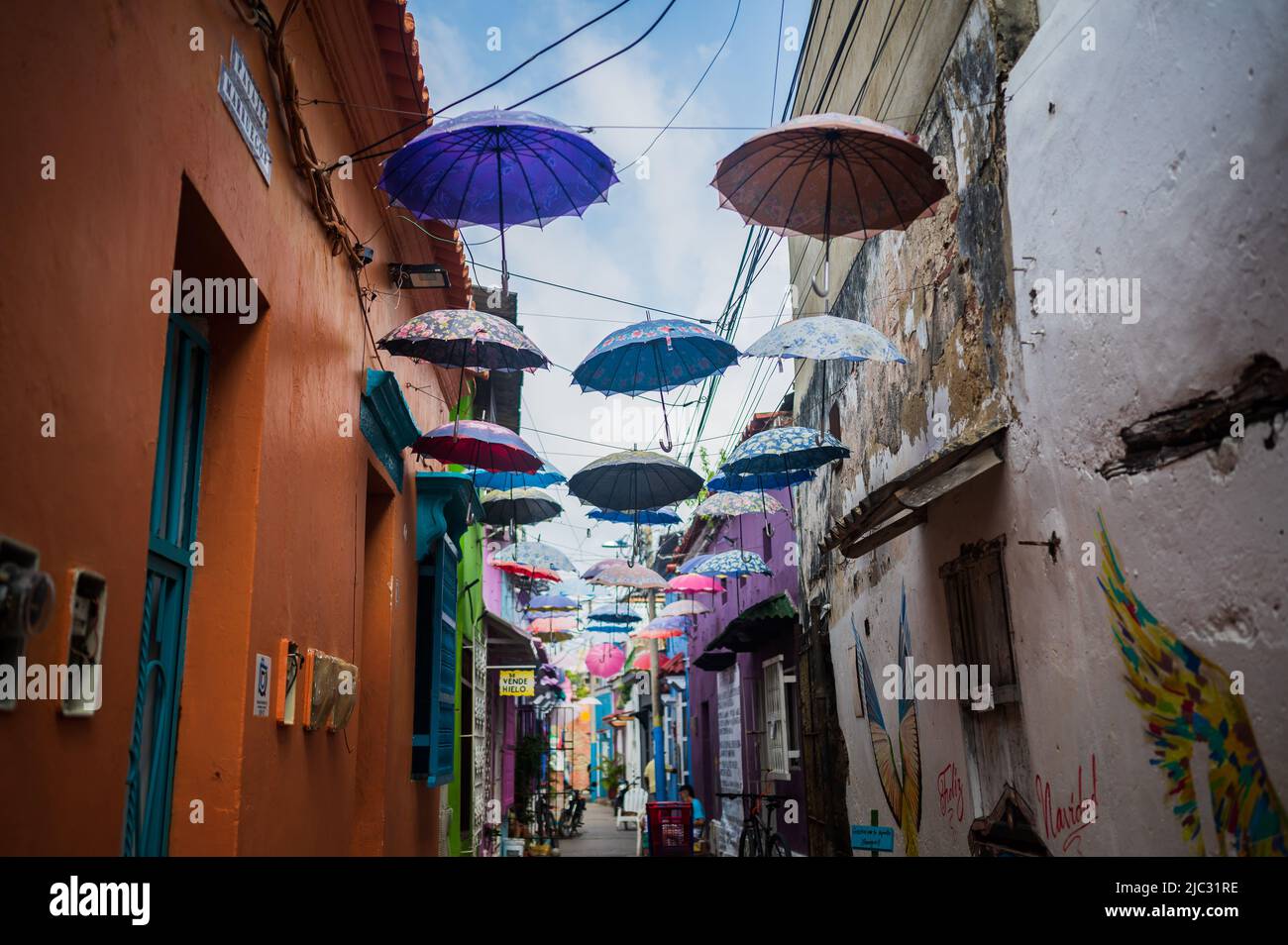 Popular Umbrellacovered street in the cool neighbourhood of Getsemani