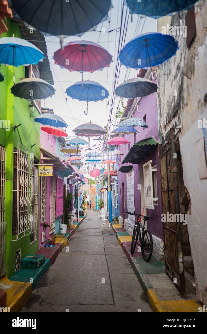 Popular Umbrellacovered street in the cool neighbourhood of Getsemani