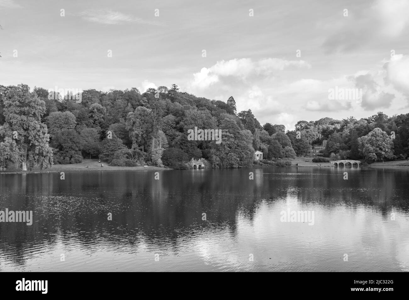 Black and white photo of the lake at Stourhead house and gardens in Wiltshire Stock Photo