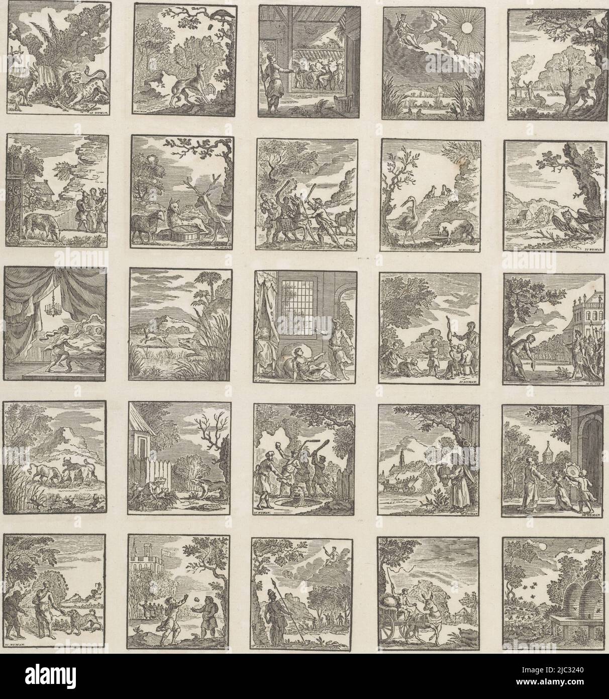 Sheet with thirty representations of stories from the Aesopus Fables, including the fable of the fox and the raven, the fable of the fox and the stork, the fable of the girl and the jug of milk and the fable of the wolf and the crane, Images from the Aesopus Fables, print maker: Hendrik Numan, (mentioned on object), Haarlem, 1783, paper, h 472 mm × w 371 mm Stock Photo