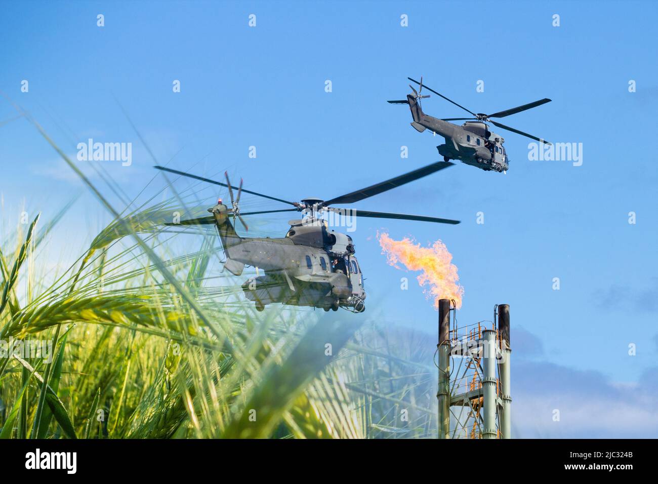Military helicopters flying over wheat field and gas plant chimney. Concept image: Ukraine Russia conflict, wheat, food shortage, Russian sanctions... Stock Photo
