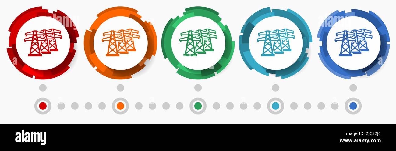 Power line, energy towers concept vector icon set, flat design pointers, infographic template Stock Vector