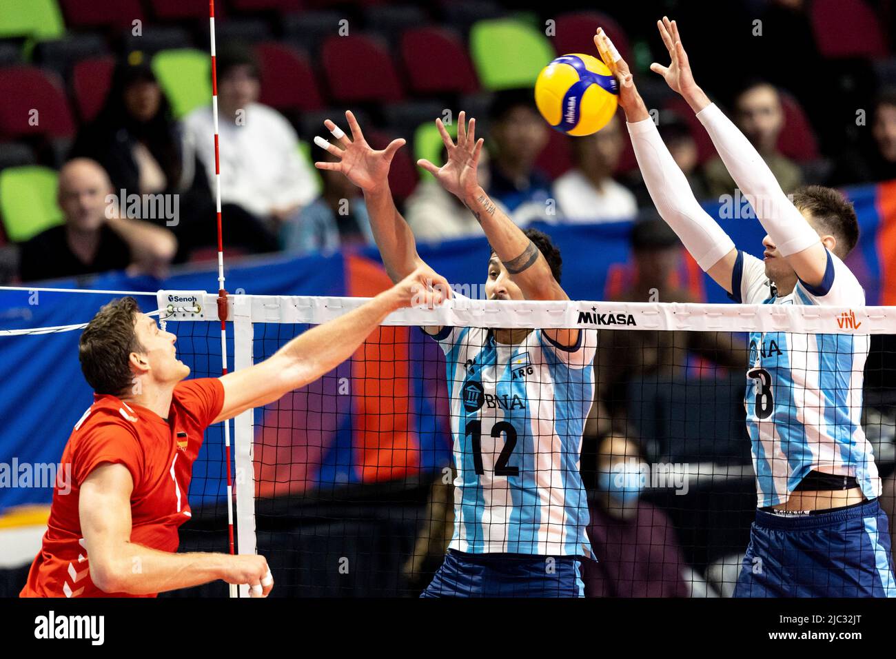 Ottawa, Canada. 09 Jun 2022. Bruno Lima (12 -- of Argentina) and Agustin Loser (8 -- of Argentina) in FIVB Nations Cup volleyball action between Argentina and German in Ottawa, Canada. Argentina won 3 games to 1. Stock Photo