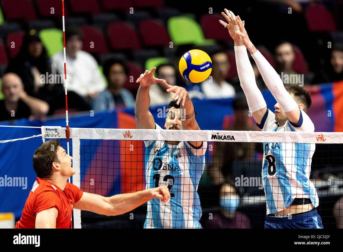 Ottawa, Canada. 09 Jun 2022. Bruno Lima (12 -- of Argentina) and Agustin Loser (8 -- of Argentina) in FIVB Nations Cup volleyball action between Argentina and German in Ottawa, Canada. Argentina won 3 games to 1. Stock Photo