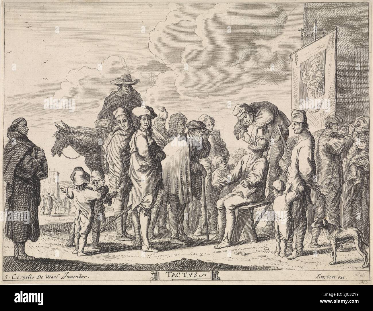A quack looks into a man's mouth. A group of people have gathered around them. On the left a monk looking on. On the right another quack looking into a woman's mouth., Tastzin Tactvs (title on object) Five senses (series title), Cornelis de Wael, (mentioned on object), Melchior Hamers, (possibly), publisher: Alexander Voet (I), (mentioned on object), Italy, 1628 - 1689, paper, etching, engraving, h 226 mm × w 296 mm Stock Photo