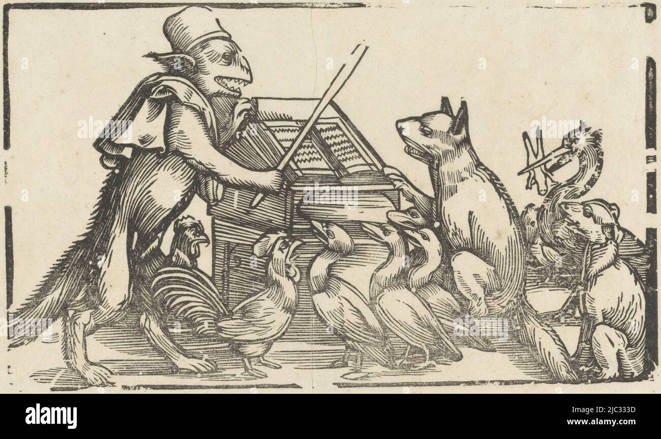 A fox stands with a stick in his hand next to a catheter. A number of ducks, roosters, a stork and a dog belong., Fox preaching passion, print maker: anonymous, Netherlands, 1600 - 1699, paper, h 309 mm × w 381 mm Stock Photo