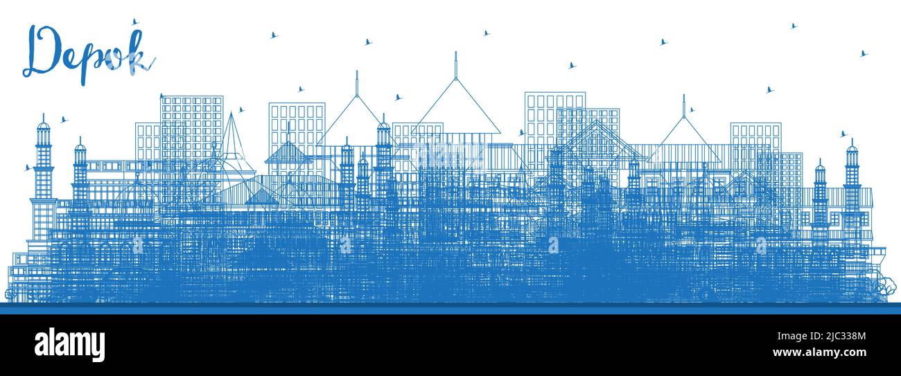 Outline Depok Indonesia City Skyline with Blue Buildings. Vector Illustration. Business Travel and Concept with Modern Architecture. Depok Cityscape. Stock Vector