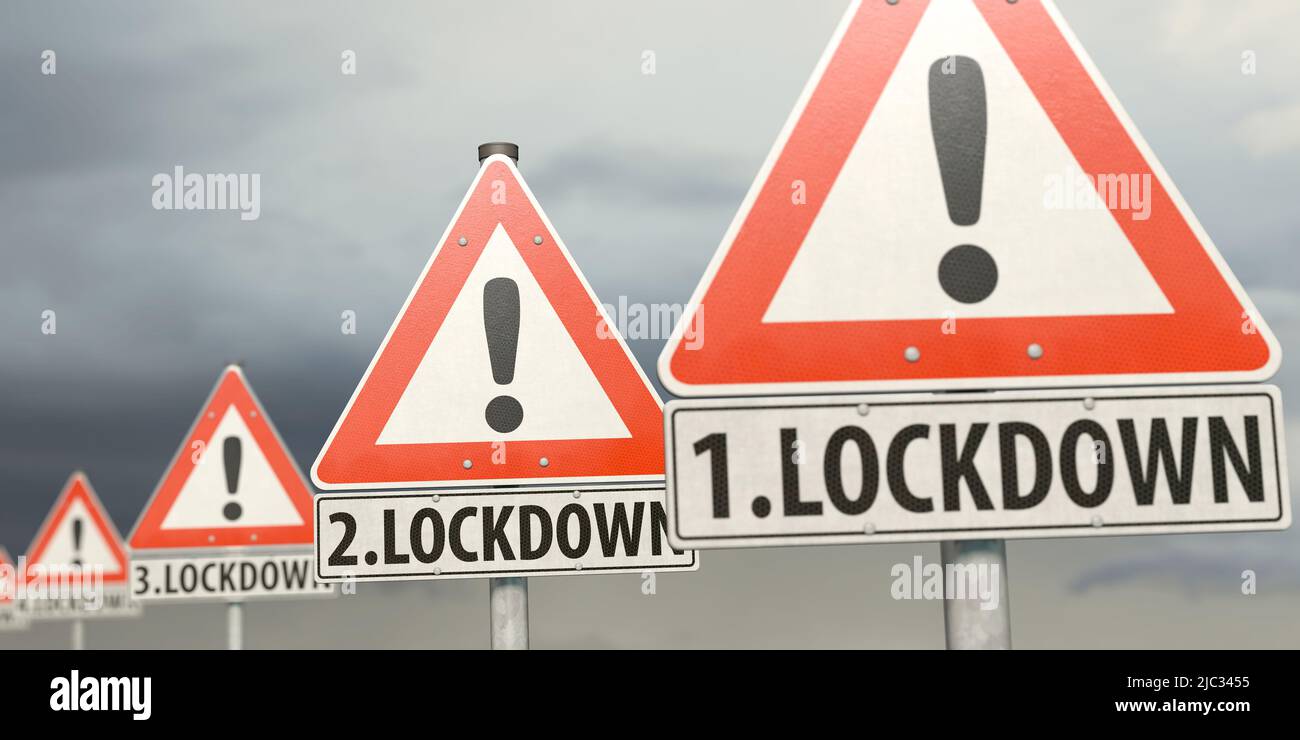 Warning signs of Corona lockdowns Stock Photo