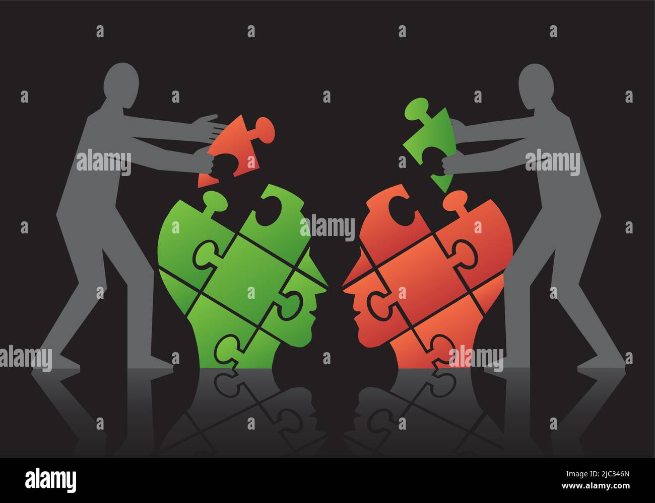 Two men, Mutual understanding and dialog, puzzle concept. Illustration of assembling a puzzle of dialog partner's head. Psychology of relationship. Stock Vector