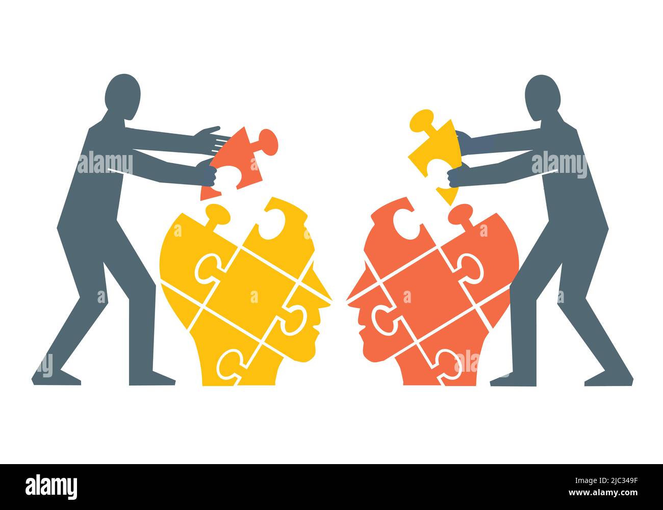 Two men, Mutual understanding and dialog, puzzle concept. Illustration of assembling a puzzle of dialog partner's head. Psychology concept . Stock Vector