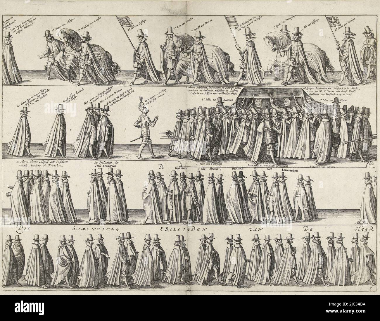 Funeral procession following the death of William Louis of Nassau-Dillenburg, stadholder of Friesland. A procession of dignitaries, in four rows one above the other. Halfway up, the bier of the stadholder is carried. Plate number three of a total of four plates, Funeral of Willem Louis., print maker: Pieter Feddes van Harlingen, Pieter Feddes van Harlingen, publisher: Claes Jansz. Visscher (II), print maker: Friesland, Friesland, publisher: Amsterdam, Netherlands, 1620, paper, etching, h 392 mm × w 533 mm Stock Photo