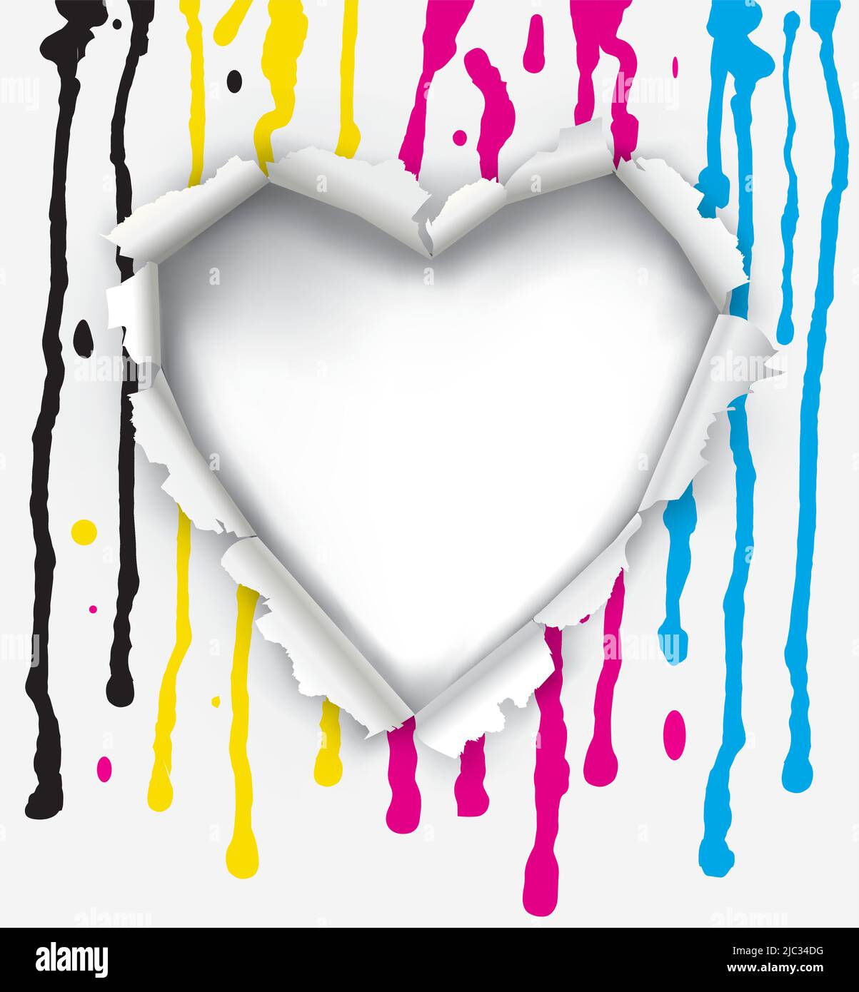 Torn paper heart with print colors. Heart-shaped hole in the paper with Flowing ink. Banner background for presenting of color print. Stock Vector