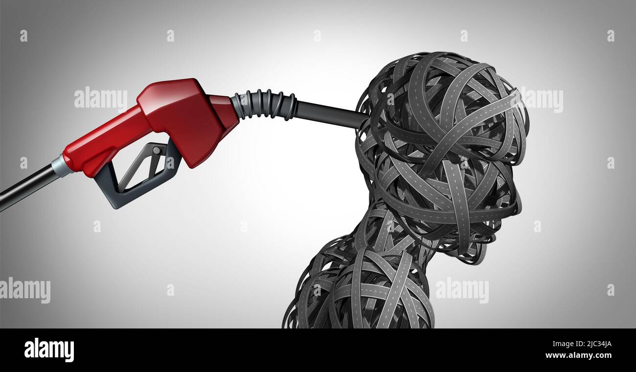 Gas Pump hostage and pain at the fueling station or economic challenge of rising fuel prices and oil increase or painful increasing crude petroleum. Stock Photo