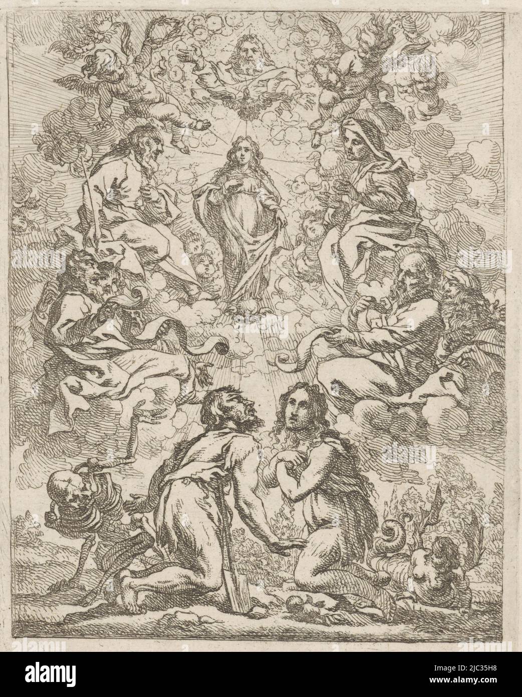 Adam, with Death beside him, and Eve, with the winged serpent behind her, kneel before Mary in the clouds. Mary is surrounded by the community of saints and by putti. Above, God the Father spreading his hands in blessing and the Holy Spirit, Adam and Eve kneeling before Mary, print maker: Cornelis Schut (I), 1618 - 1655, paper, etching, h 193 mm × w 132 mm Stock Photo
