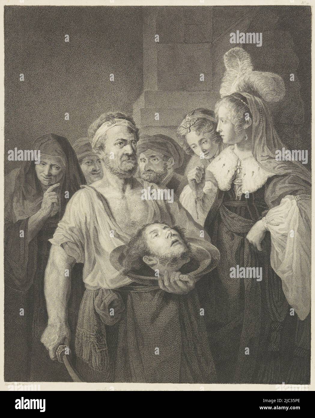 The executioner who has beheaded John the Baptist brings the still bleeding head on a tray to Salome the stepdaughter of Herod. In his hand he still holds the sword with which he killed John. Onlookers look at the head in dismay, Salome receives the head of John the Baptist, print maker: Lambertus Antonius Claessens, (mentioned on object), after: Rembrandt van Rijn, (mentioned on object), Paris, c. 1808 - 1834, paper, etching, engraving, h 333 mm × w 263 mm Stock Photo