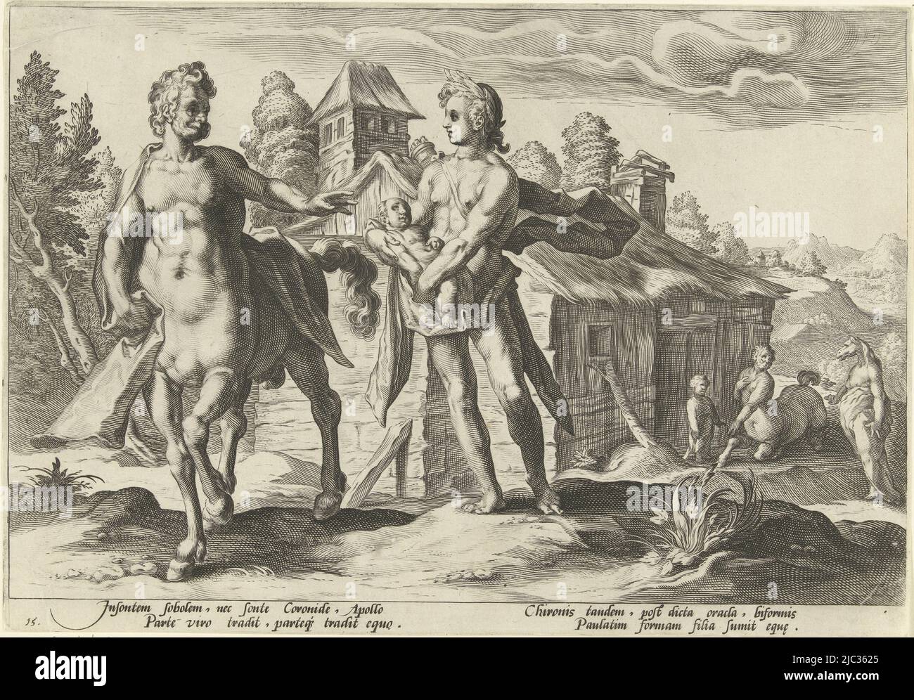 Apollo gives his child Asclepius, which he cut from Coronis' belly after shooting her dead, to the centaur Chiron. In the background, Chiron's daughter is shown turning into a horse, having predicted the future of Asclepius and her father. Below the depiction two times two lines of Latin text. This print is part of a series of 52 prints depicting stories from Ovid's Metamorphoses. This series is divided into three numbered series: two of 20 prints and one of 12 prints. This print belongs to the second series., Apollo entrusts Asclepius to Chiron Ovid's Metamorphoses (series title), print maker Stock Photo