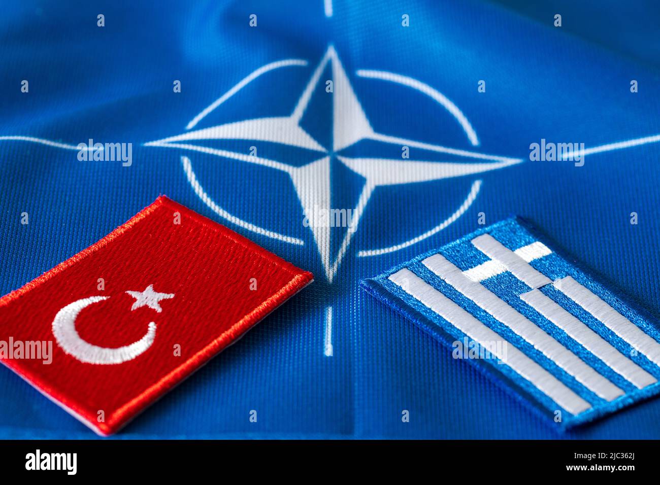 June 8; 2022 Flags of Turkey and Greece against the background of the